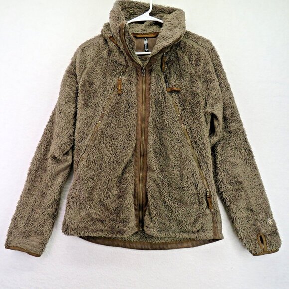 Kuhl Flight Jacket Womens Large Brown Sherpa Fleece Full Zip Thumbholes Hood - Picture 1 of 12